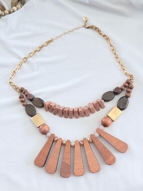 Gold-toned Chain Multi-Strand Wood Statement Necklace